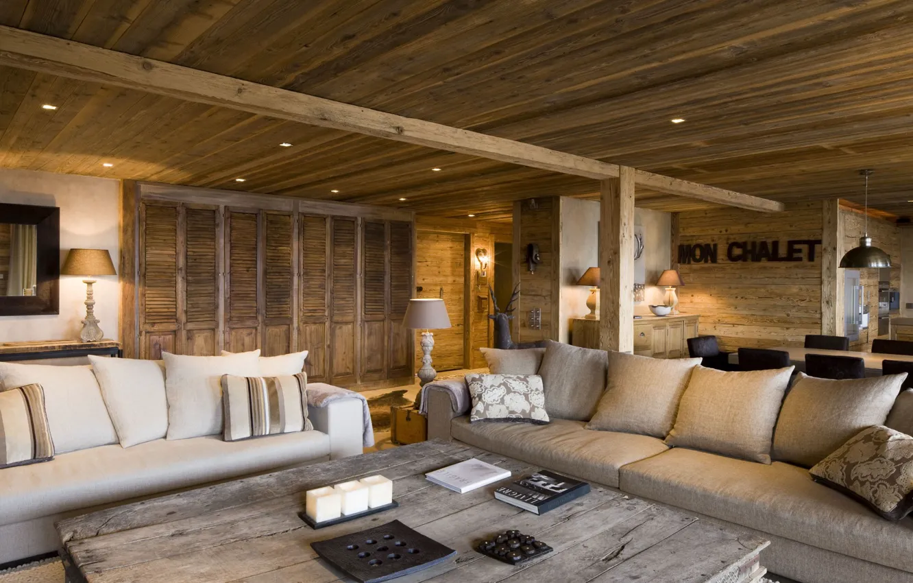 Photo wallpaper trees, interior, living room, Chalet