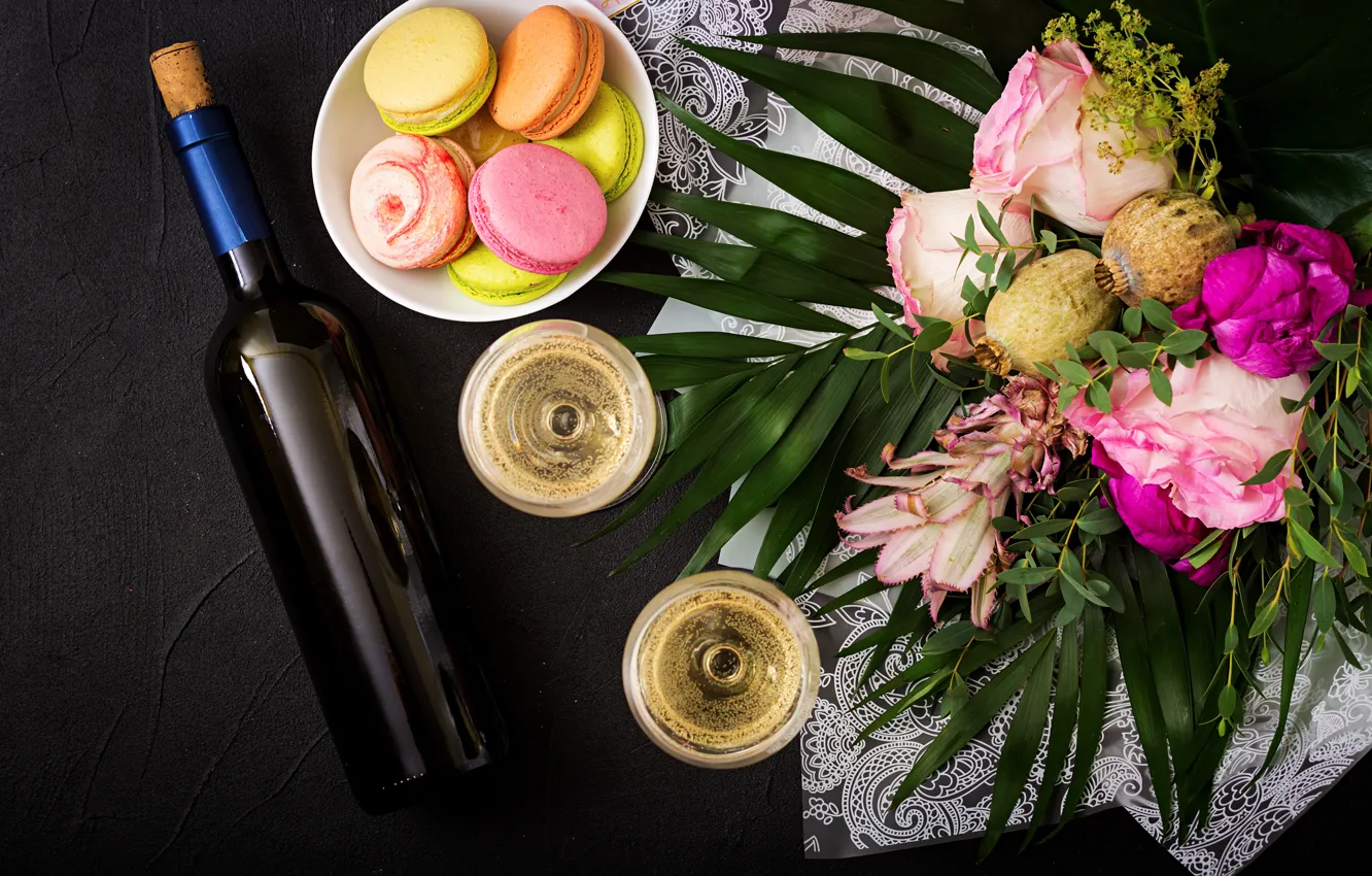 Photo wallpaper flowers, wine, colorful, glasses, pink, flowers, cakes, sweet