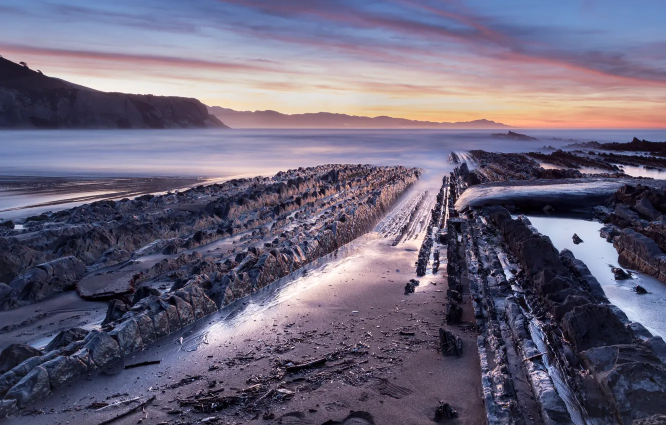 Photo wallpaper sand, sea, the sky, clouds, mountains, rocks, shore, the evening