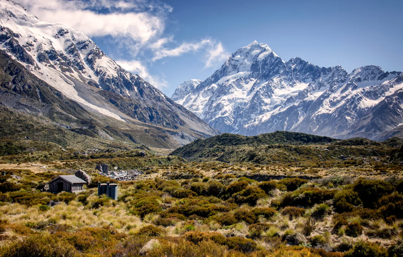 Photo wallpaper grass, clouds, snow, landscape, mountains, New Zealand, mountain peaks, New_Zealand