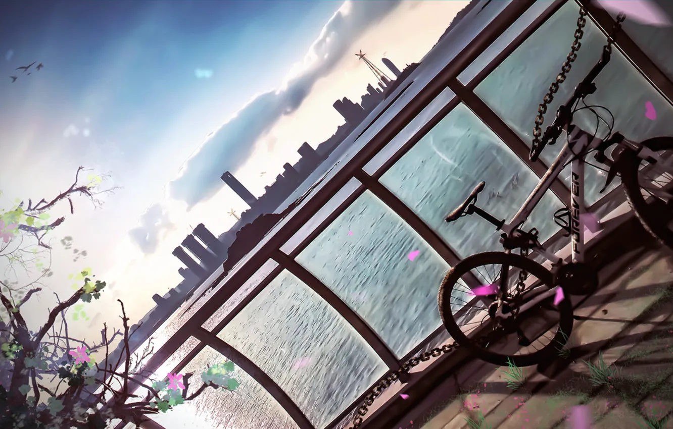 Photo wallpaper bike, lake, art