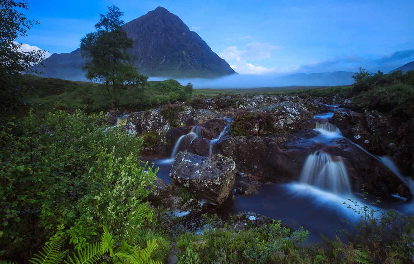 Photo wallpaper the sky, grass, clouds, trees, mountains, fog, stream, stones