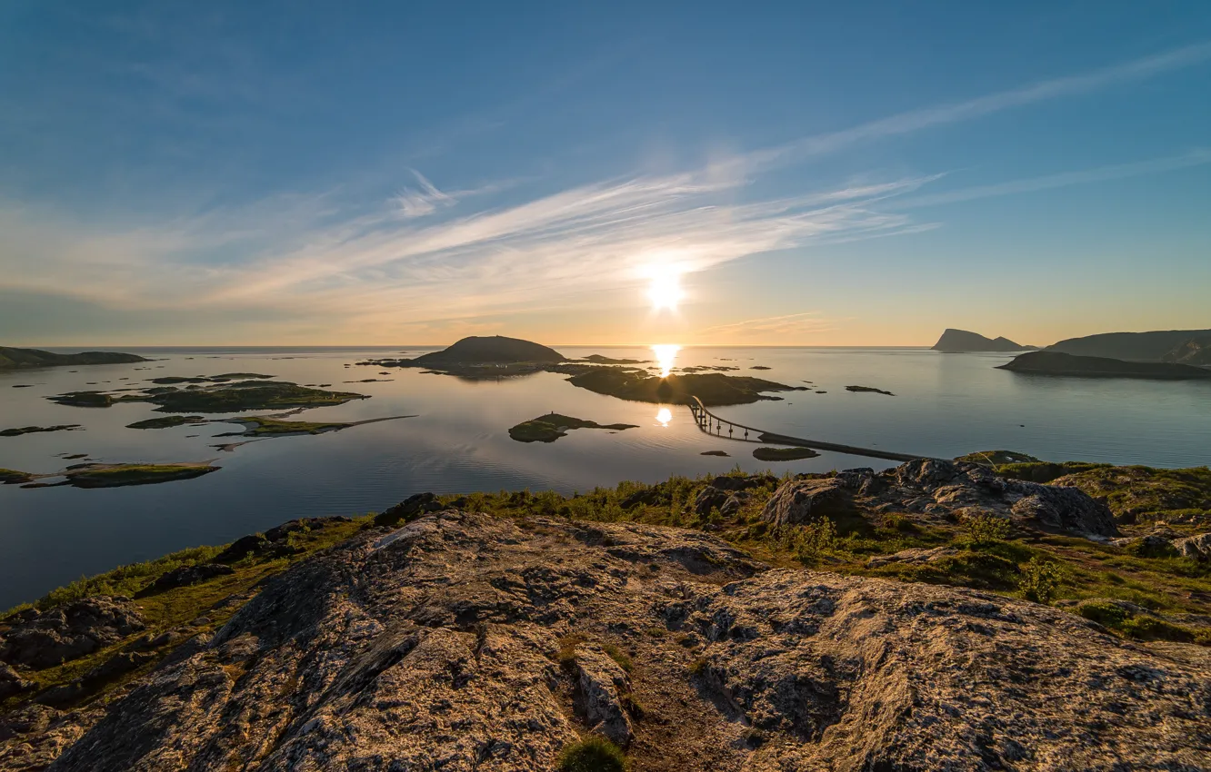 Photo wallpaper bridge, island, morning, Norway, panorama