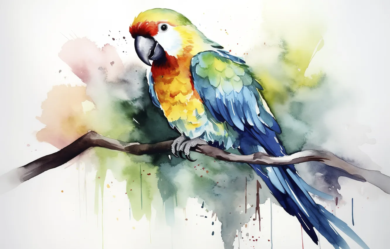 Photo wallpaper branches, bird, watercolor, parrot, white background, painting, Ara, imitation of watercolor