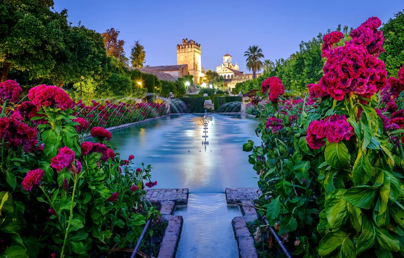 Photo wallpaper flowers, garden, fountain, fortress, Spain, Spain, Andalusia, Cordoba