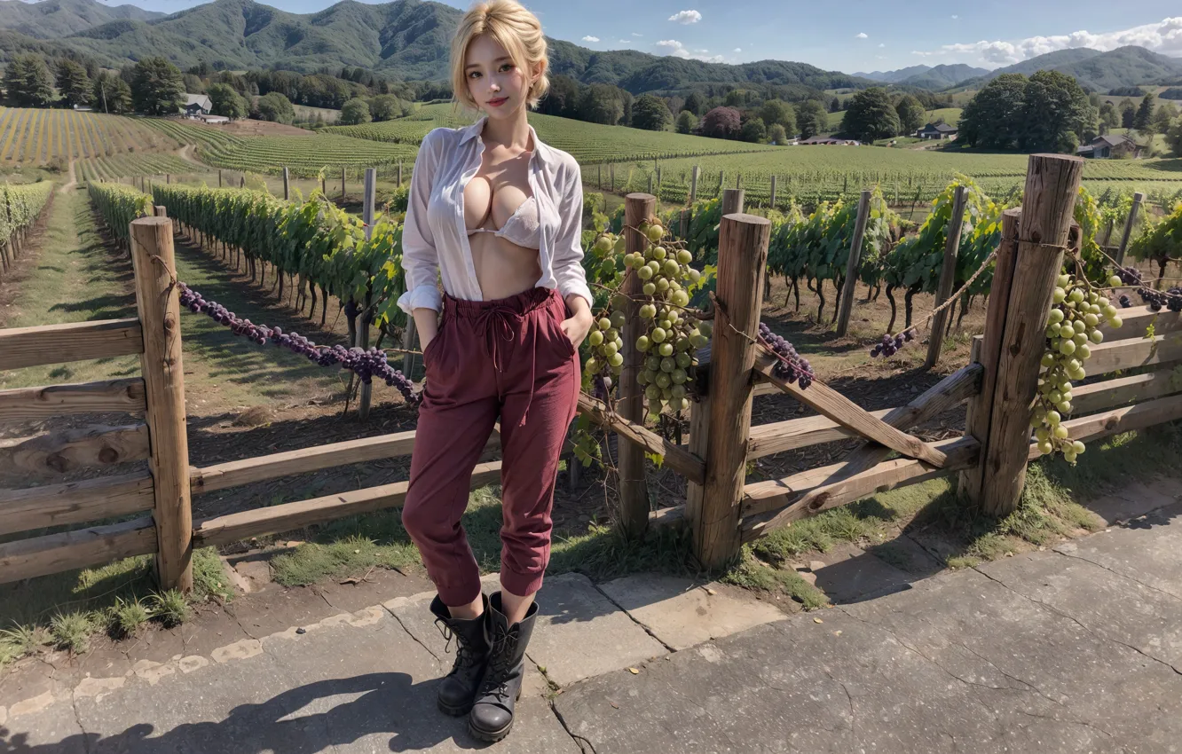 Photo wallpaper cleavage, women, blonde, asian, digital art, underwear, shirt, standing