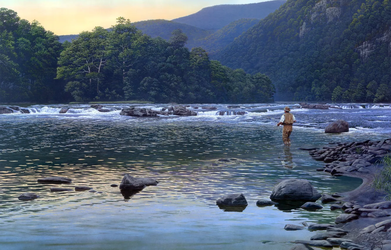 Wallpaper trees, mountains, nature, fisherman, painting, mountain river ...