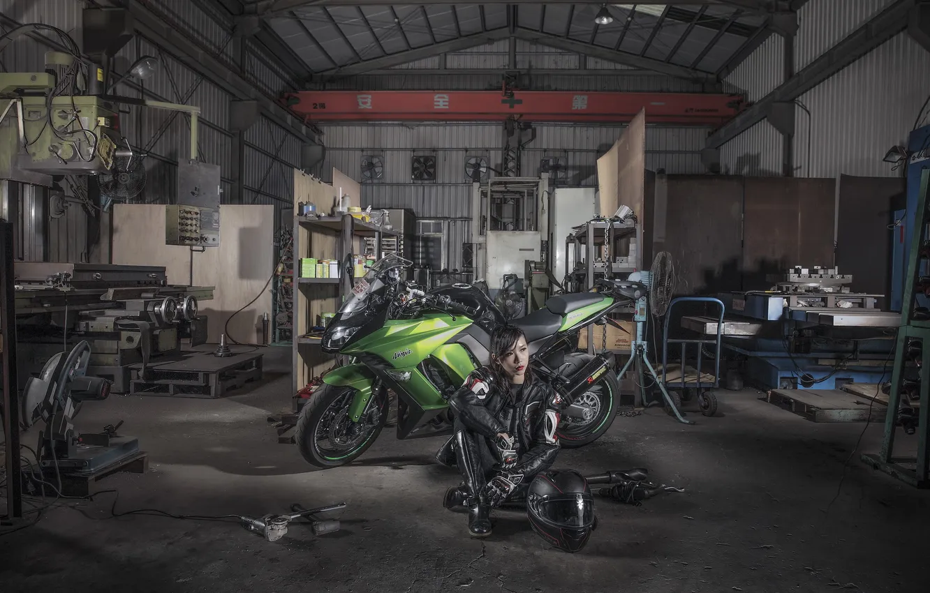 Photo wallpaper girl, garage, motorcycle, Asian