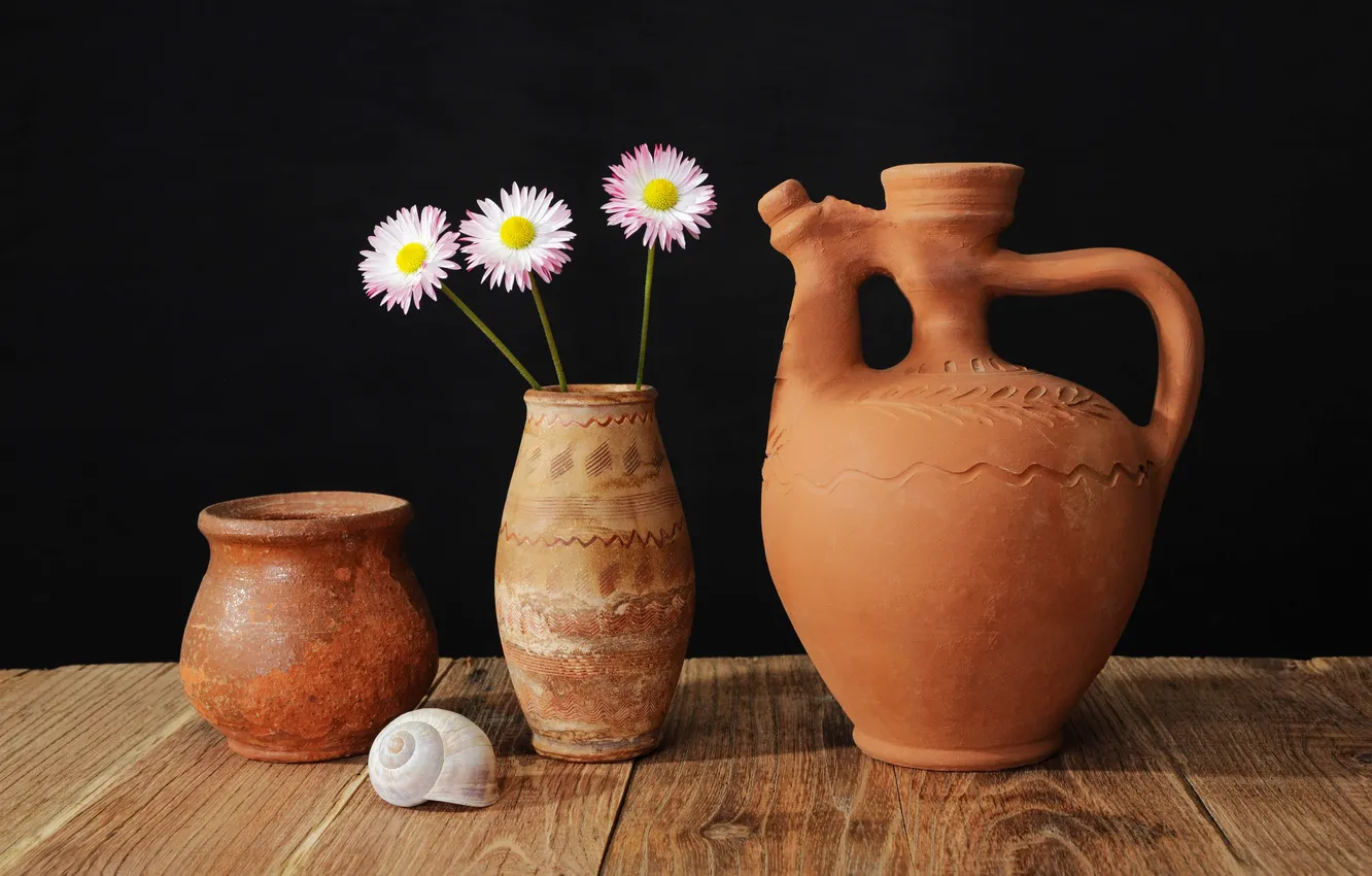 Photo wallpaper flowers, table, pot, shell, ceramics