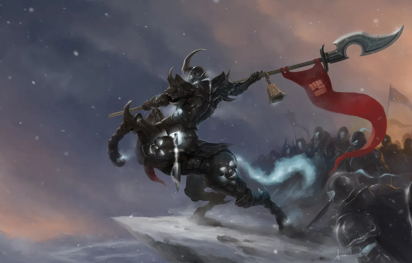 Photo wallpaper snow, weapons, the game, art, characters, League of Legends, red flag, hecarim