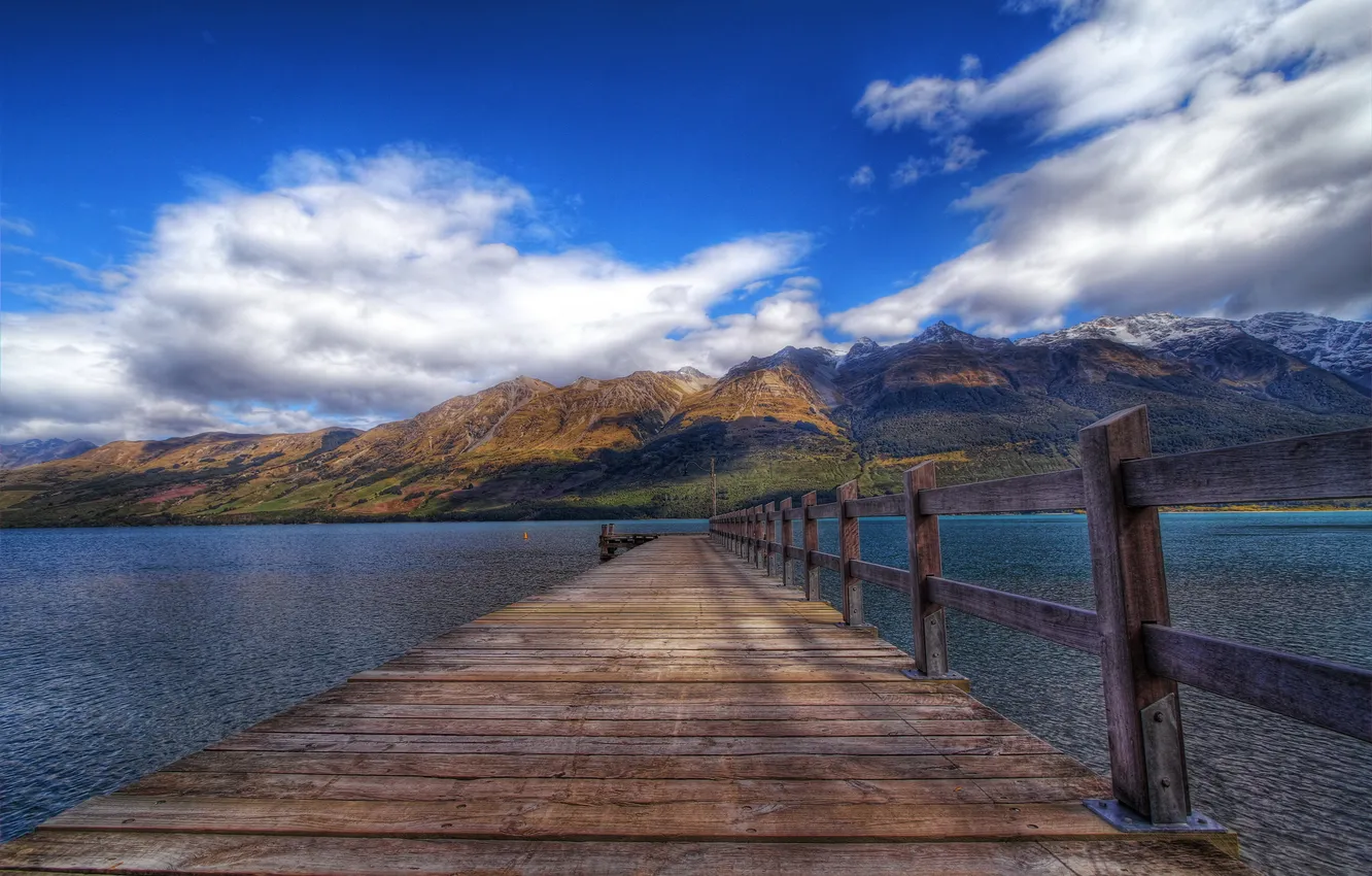 Photo wallpaper clouds, mountains, nature, river, photo, Board, the fence, HDR