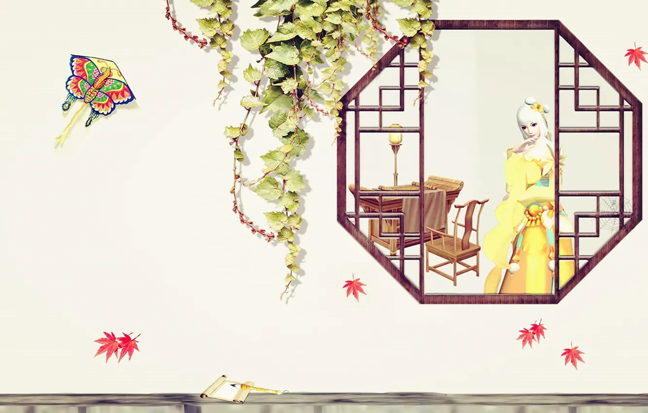 Photo wallpaper autumn, girl, window, art