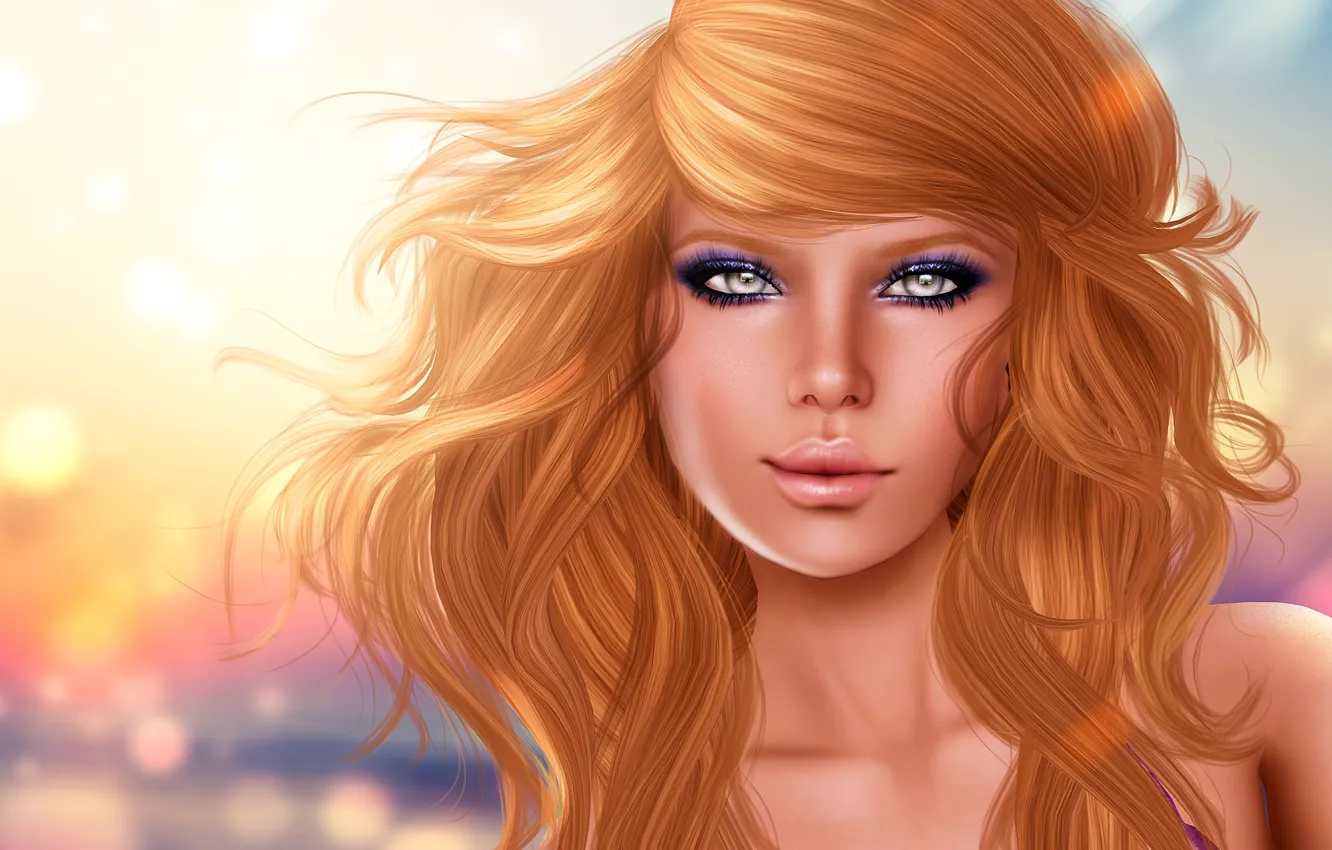 Photo wallpaper look, girl, face, rendering, background, hair