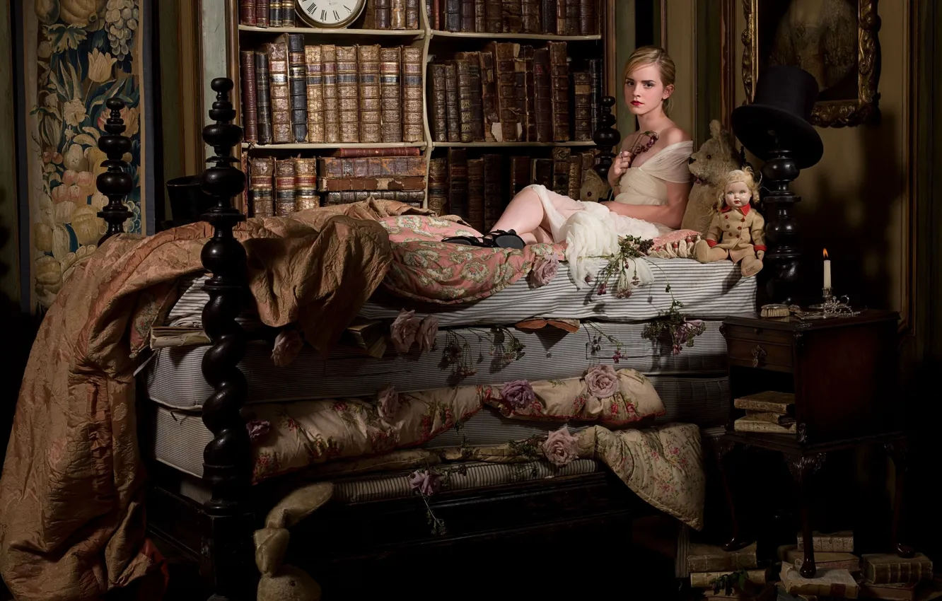 Photo wallpaper watch, books, bed, interior, actress, large, beautiful, Emma Watson