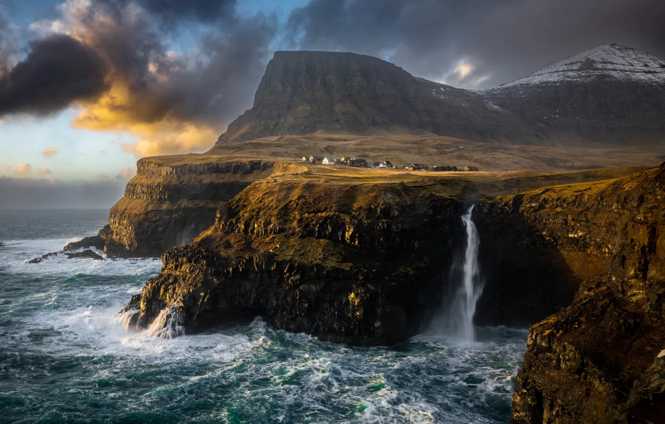 Photo wallpaper house, The Faroe Islands, waterfall, sea, the sky, rocks