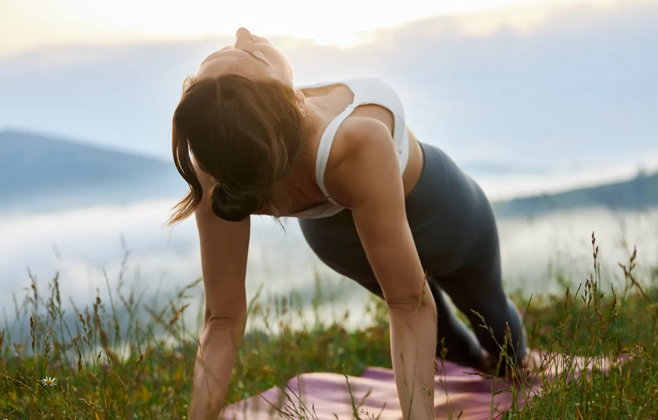 Photo wallpaper girl, mountains, standing, plank