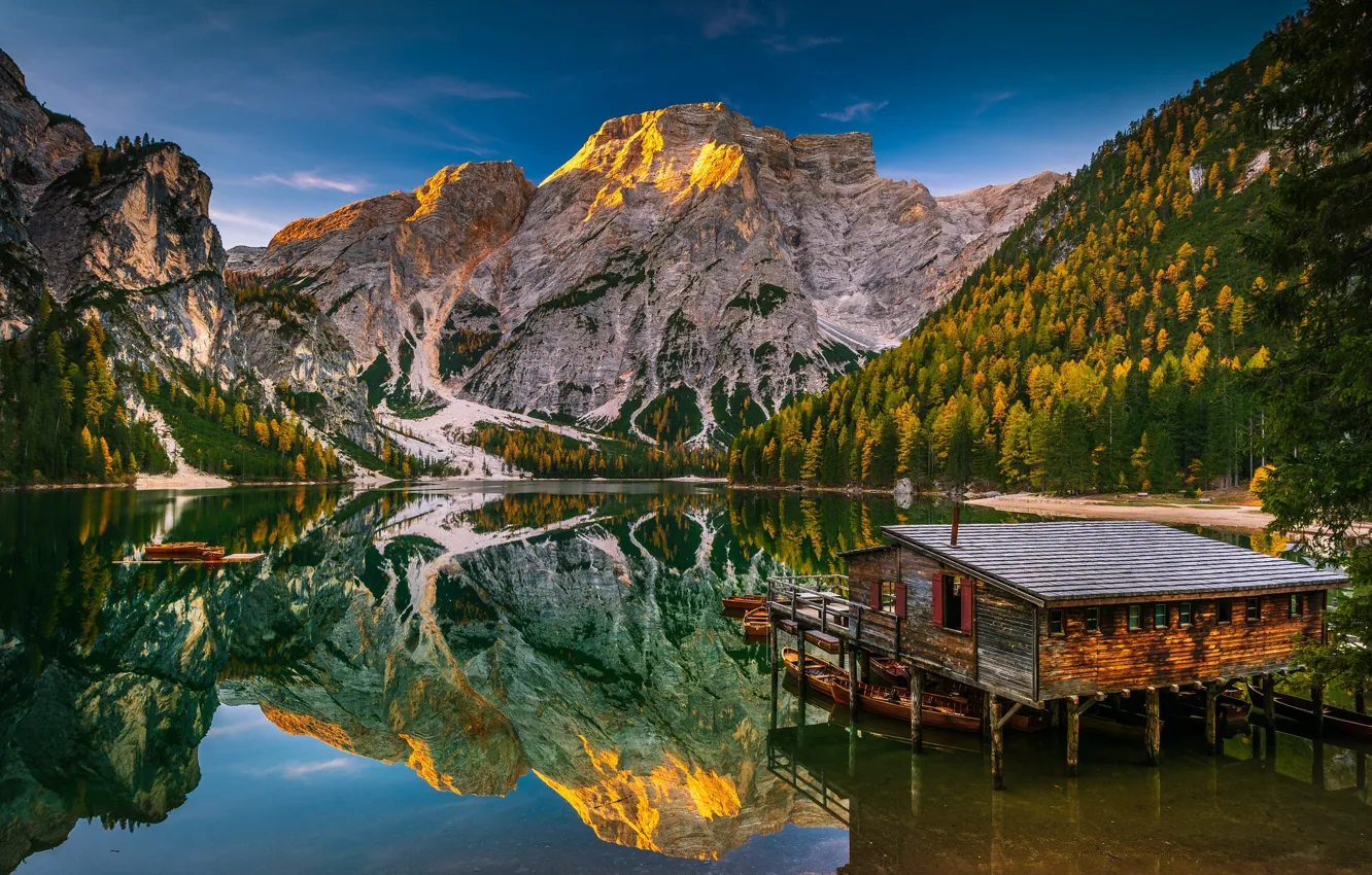 Photo wallpaper mountains, lake, Alps, house