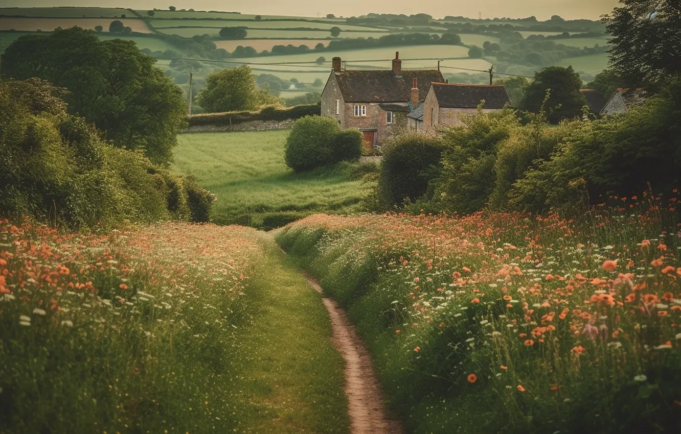 Photo wallpaper field, summer, landscape, flowers, nature, hills, home, dal
