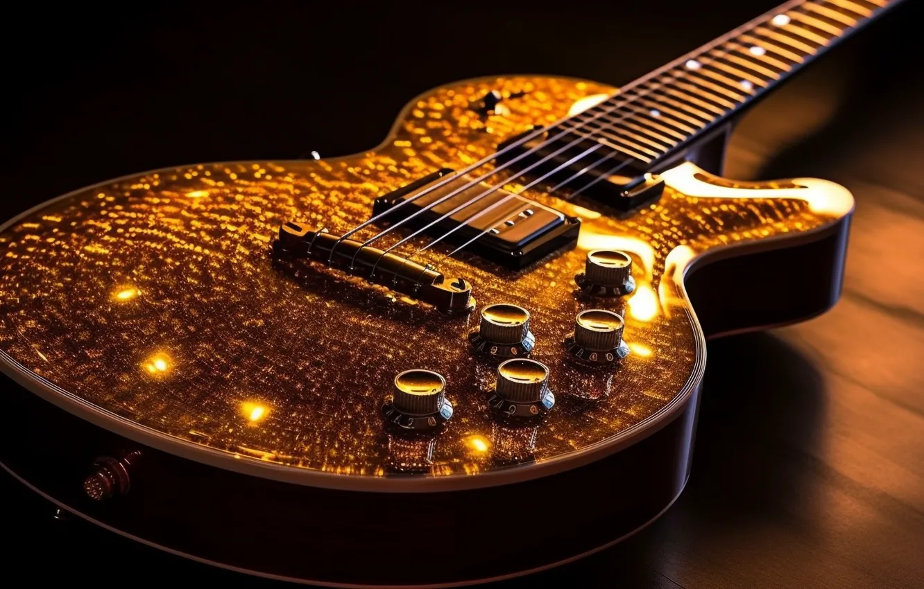 Photo wallpaper light, close-up, lights, music, guitar, strings, gold plated, electric guitar
