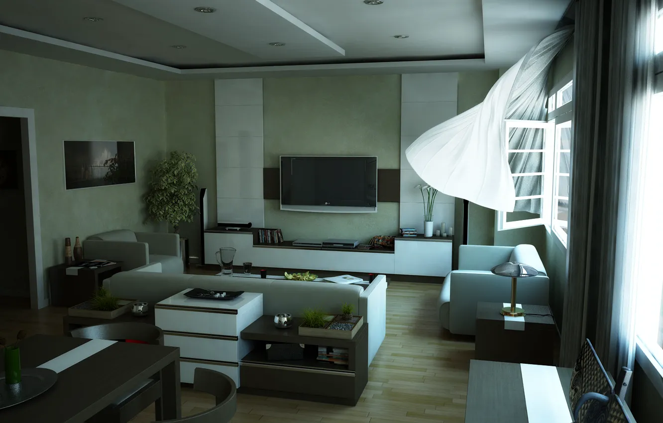 Photo wallpaper room, interior, window, curtains