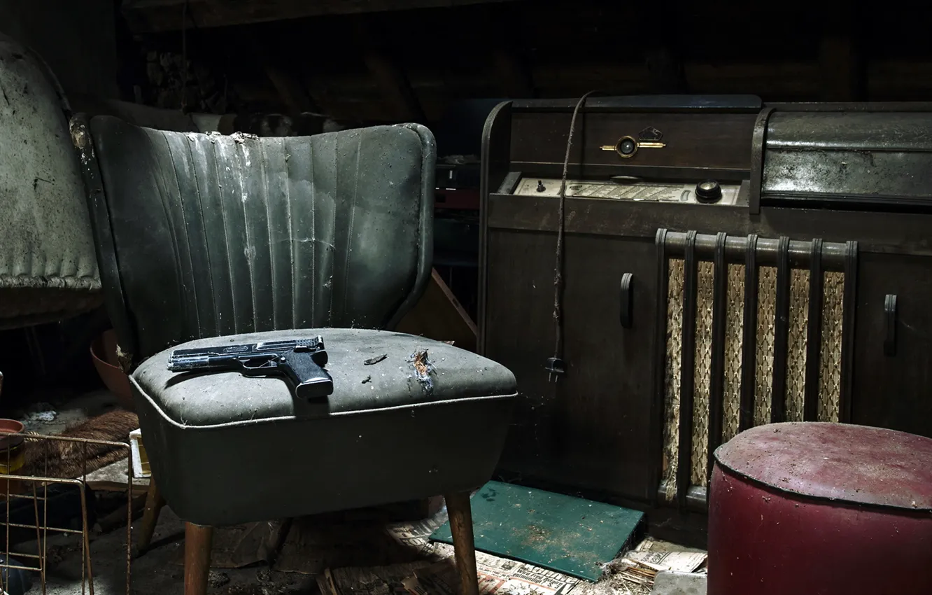 Photo wallpaper gun, background, chair