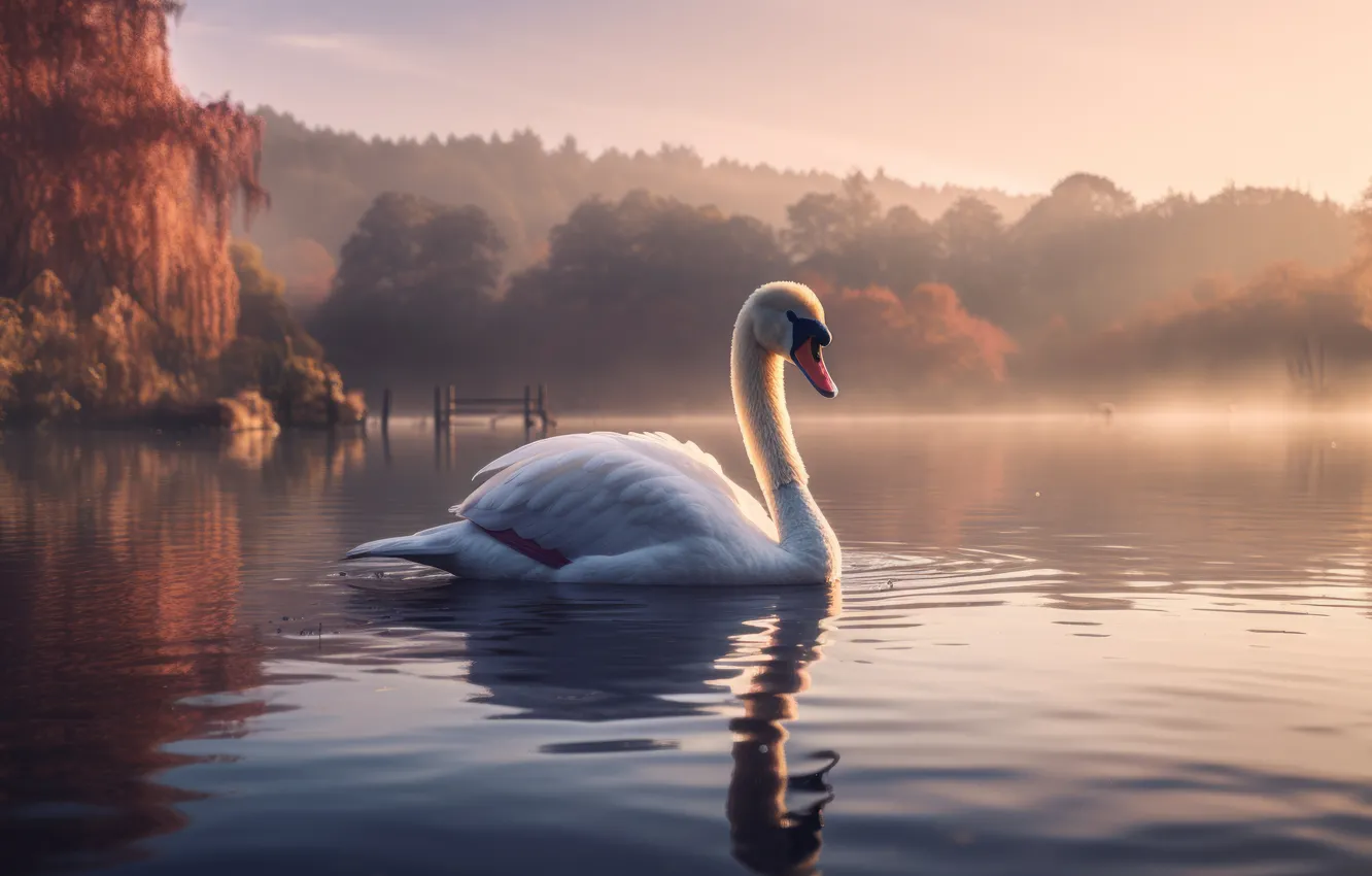 Photo wallpaper white, nature, lake, pond, bird, shore, swans, pond