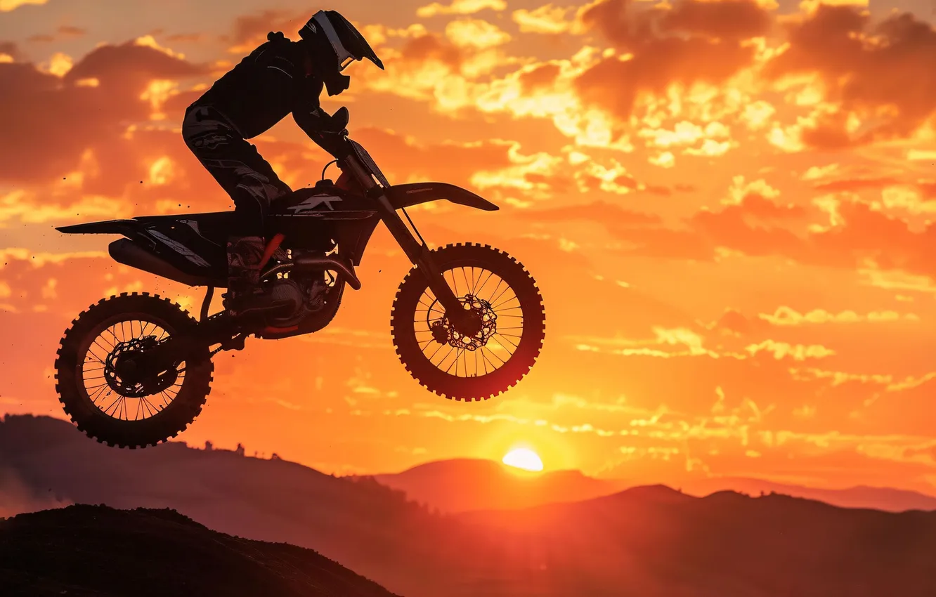 Photo wallpaper the sun, clouds, dawn, jump, motorcycle, athlete, male, Motorsport