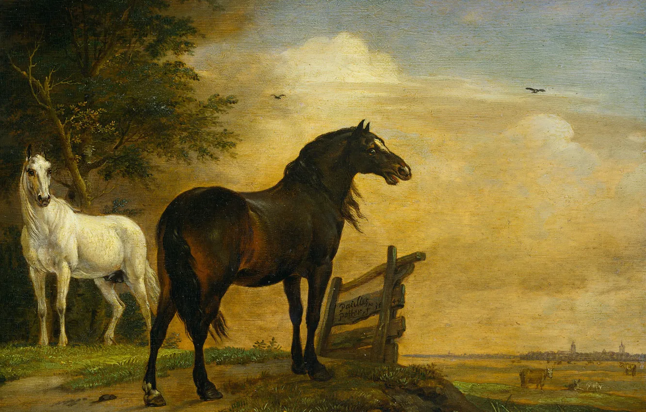Photo wallpaper trees, animal, oil, picture, Paulus Potter, Two Horses in a Pasture with a Fence