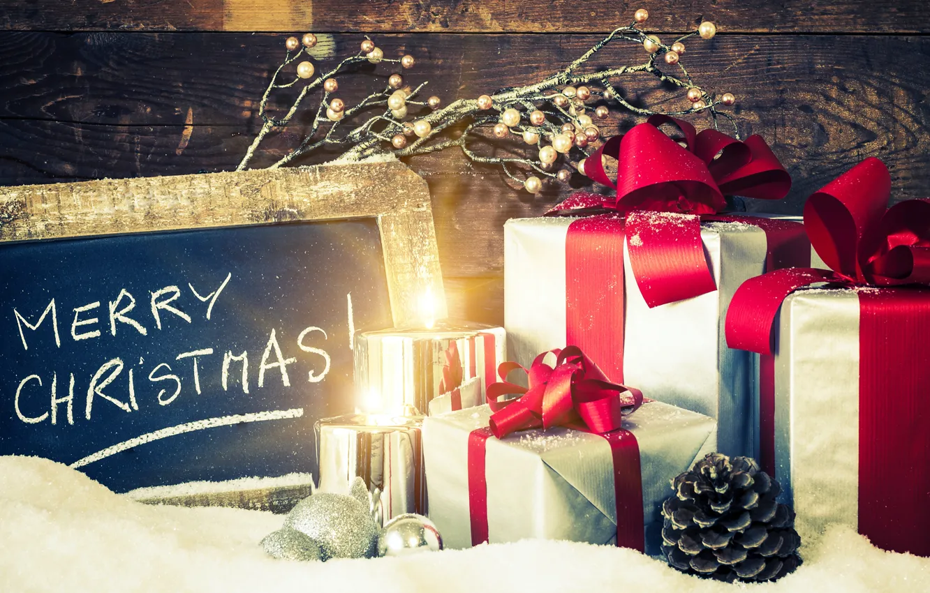 Photo wallpaper winter, snow, holiday, gift, candles, Christmas, New year, Happy New Year