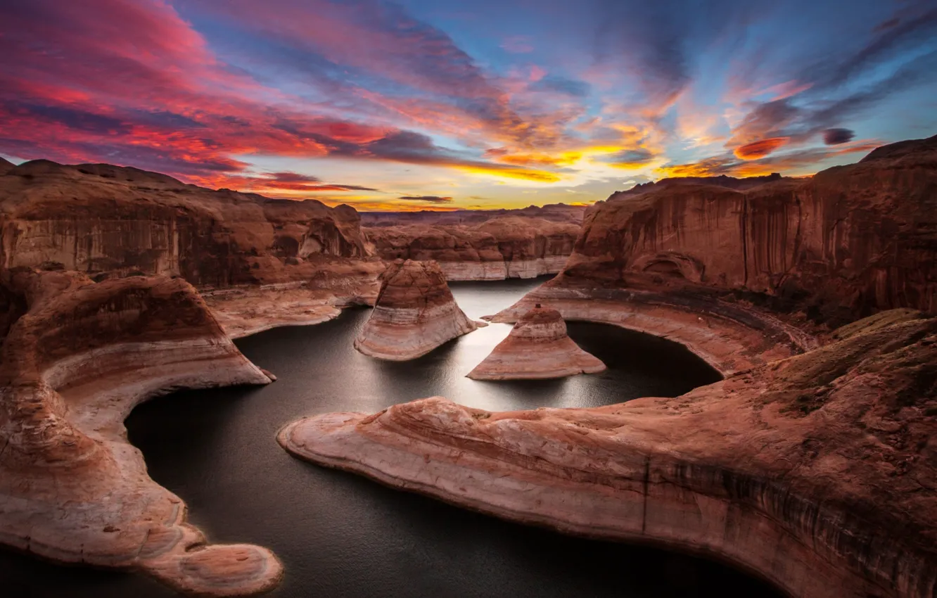 Photo wallpaper sunset, river, rocks, canyon