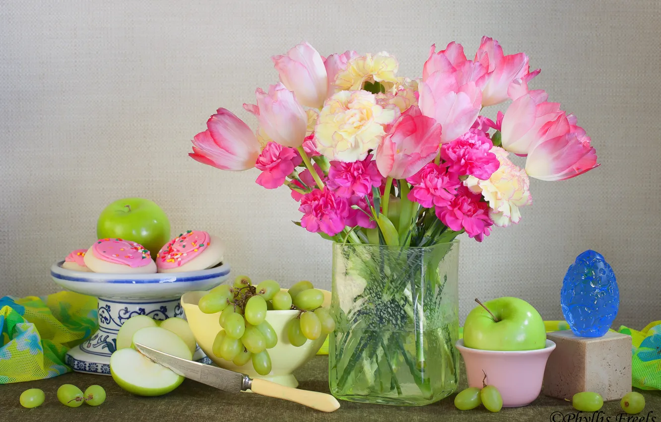 Photo wallpaper flowers, style, apples, bouquet, grapes, knife, tulips, vase
