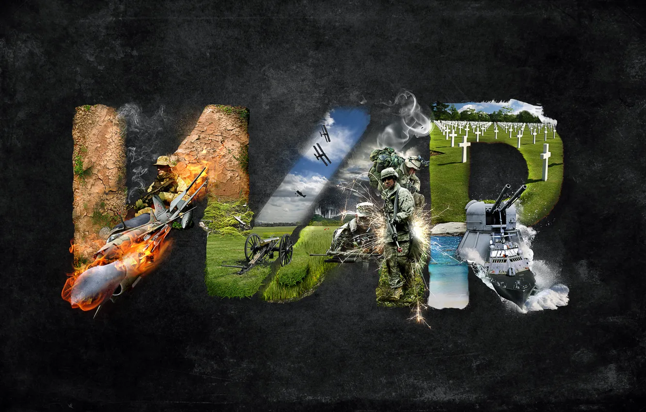 Photo wallpaper grass, weapons, war, soldiers, the plane, war, fire.CROSSES