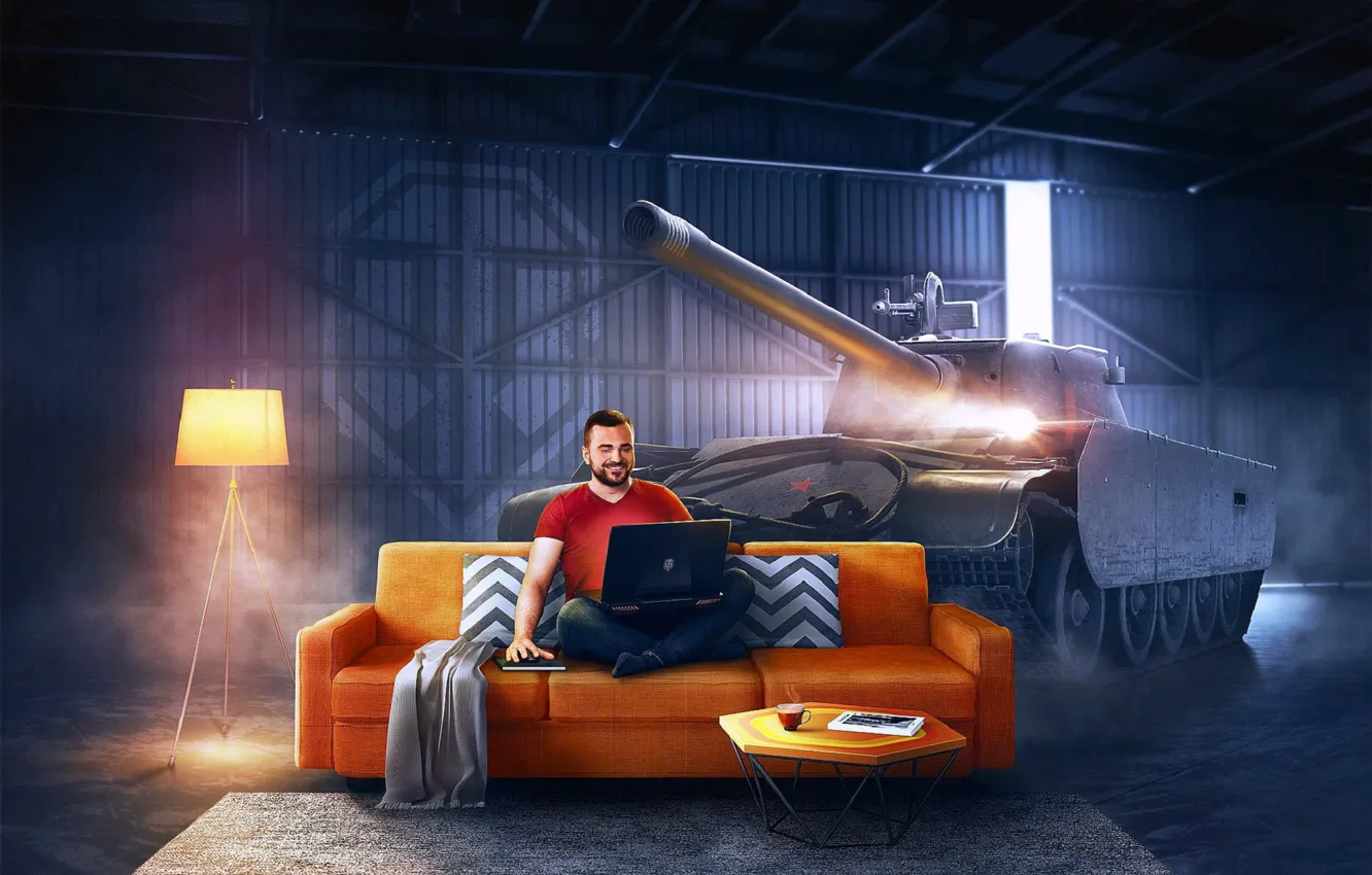 Photo wallpaper Sofa, Smile, Laptop, Guy, Hangar, Games, Tank, Sitting