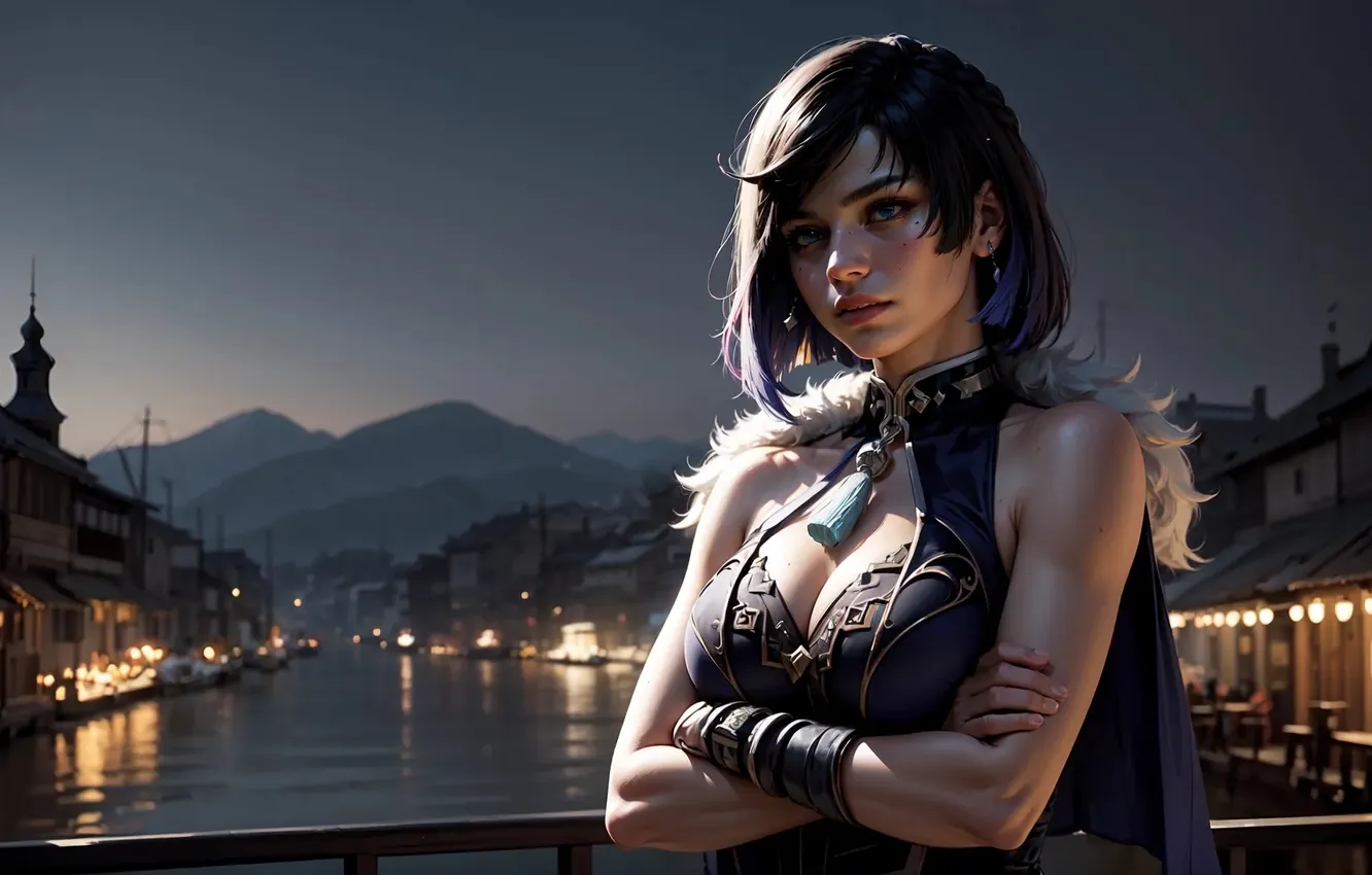Photo wallpaper night, the city, lights, river, haze, beautiful girl, digital art, digital art