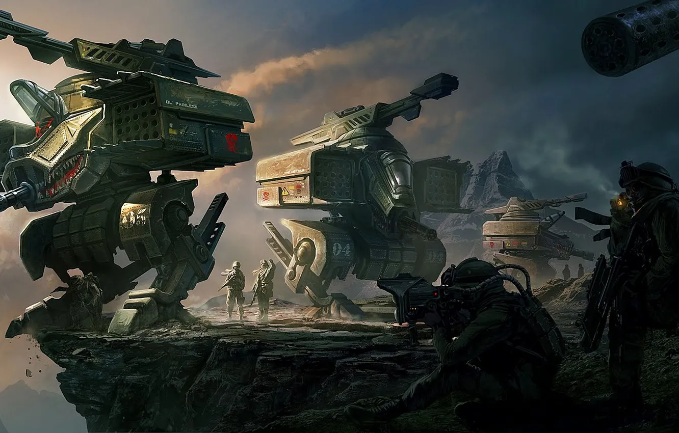 Photo wallpaper mountains, weapons, rocks, mechanism, robot, art, soldiers, abyss