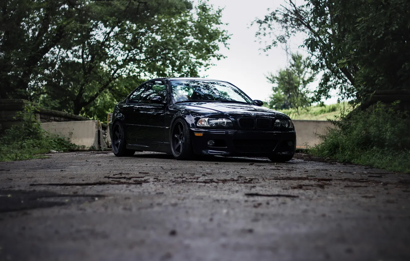 Photo wallpaper road, the sky, trees, black, BMW, BMW, black, E46
