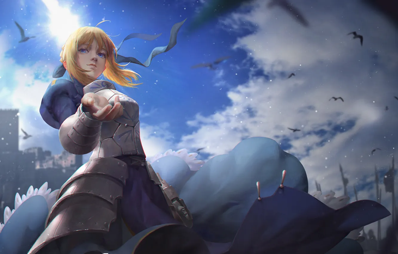 Photo wallpaper girl, castle, bird, armor, spear, Fate: Stay Night