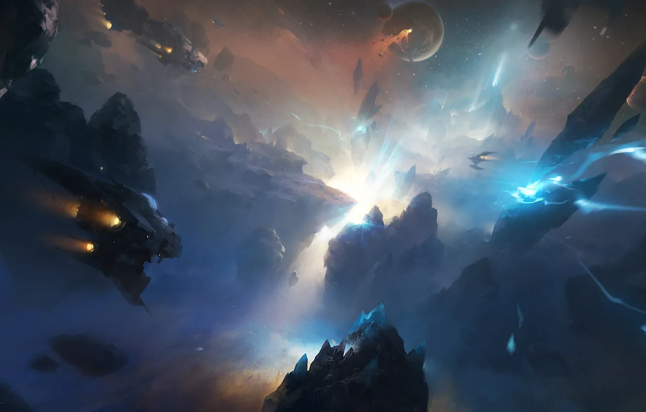 Photo wallpaper space, stars, flight, fragments, ship, planet, flash