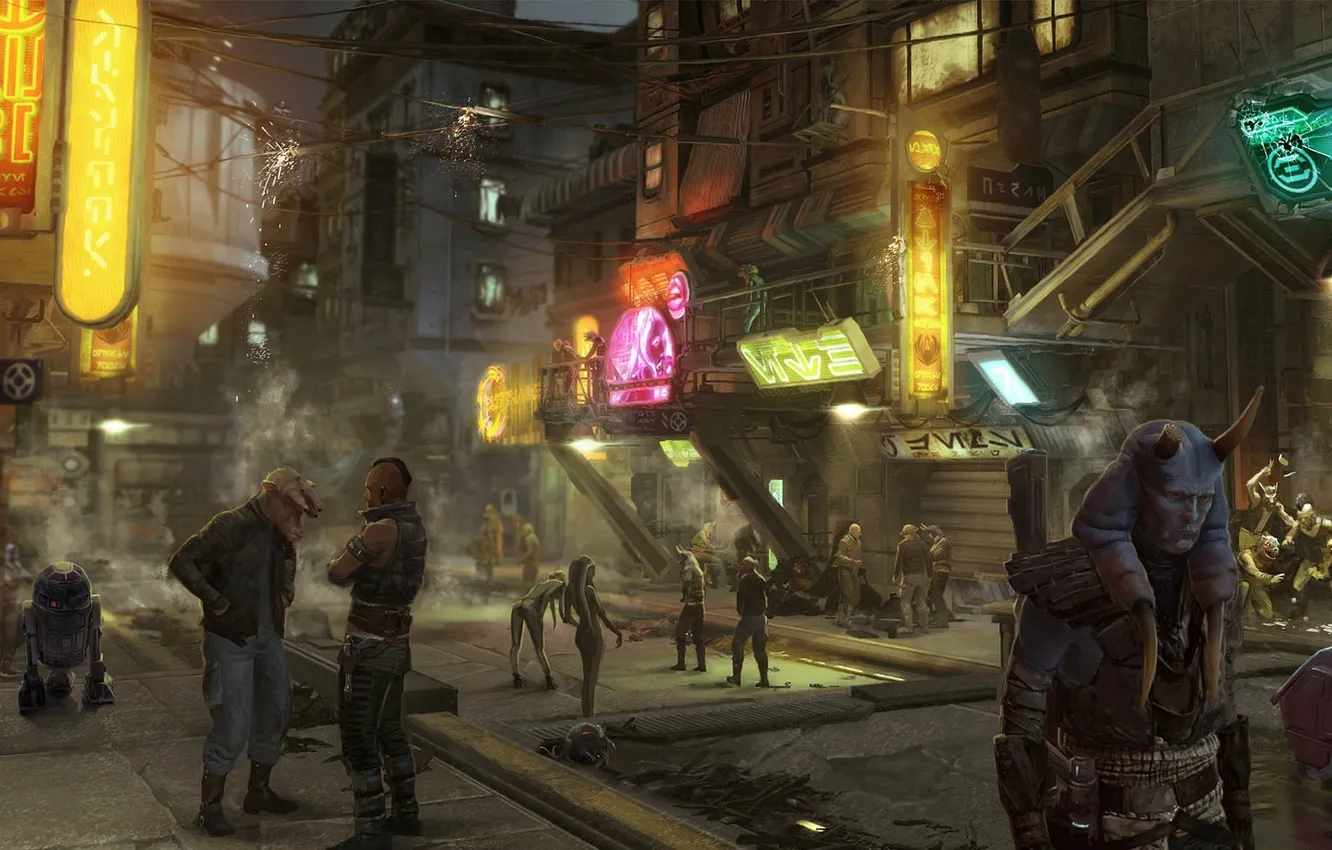 Photo wallpaper the city, street, wire, robot, sparks, haze, power lines, Star Wars 1313