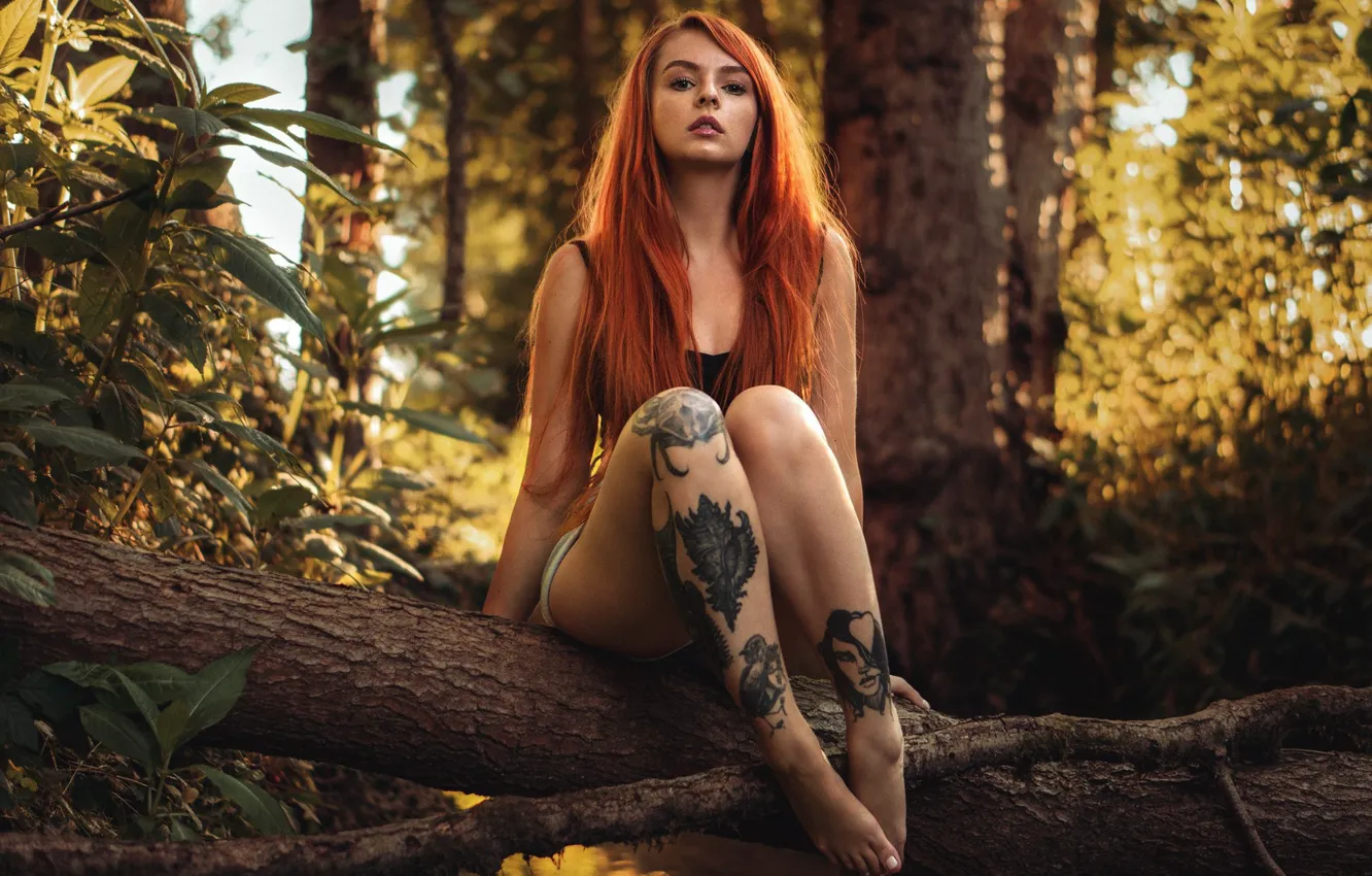 Photo wallpaper girl, Beautiful, nature, jeans, redhead, tattoos, sitting, Martin Kuhn