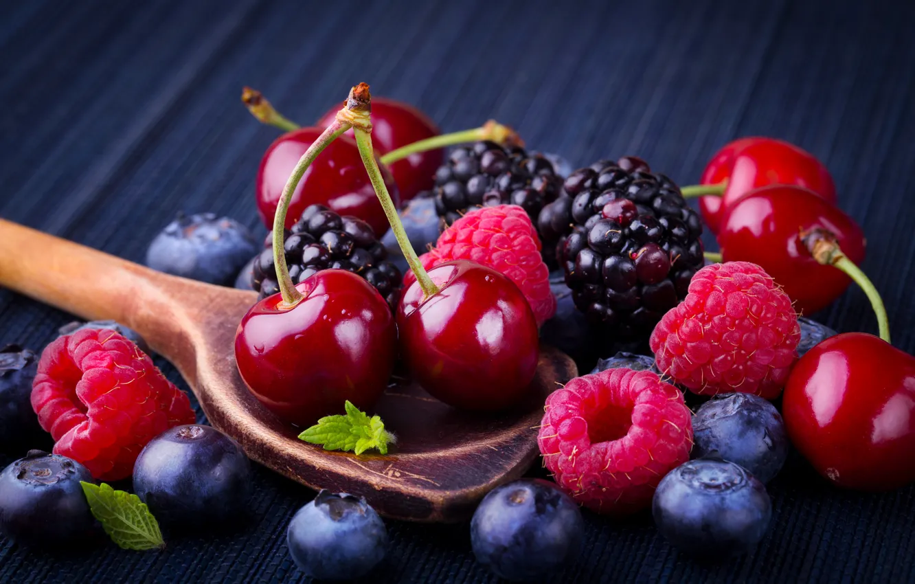 Photo wallpaper berries, raspberry, blueberries, fresh, cherry, BlackBerry, berries