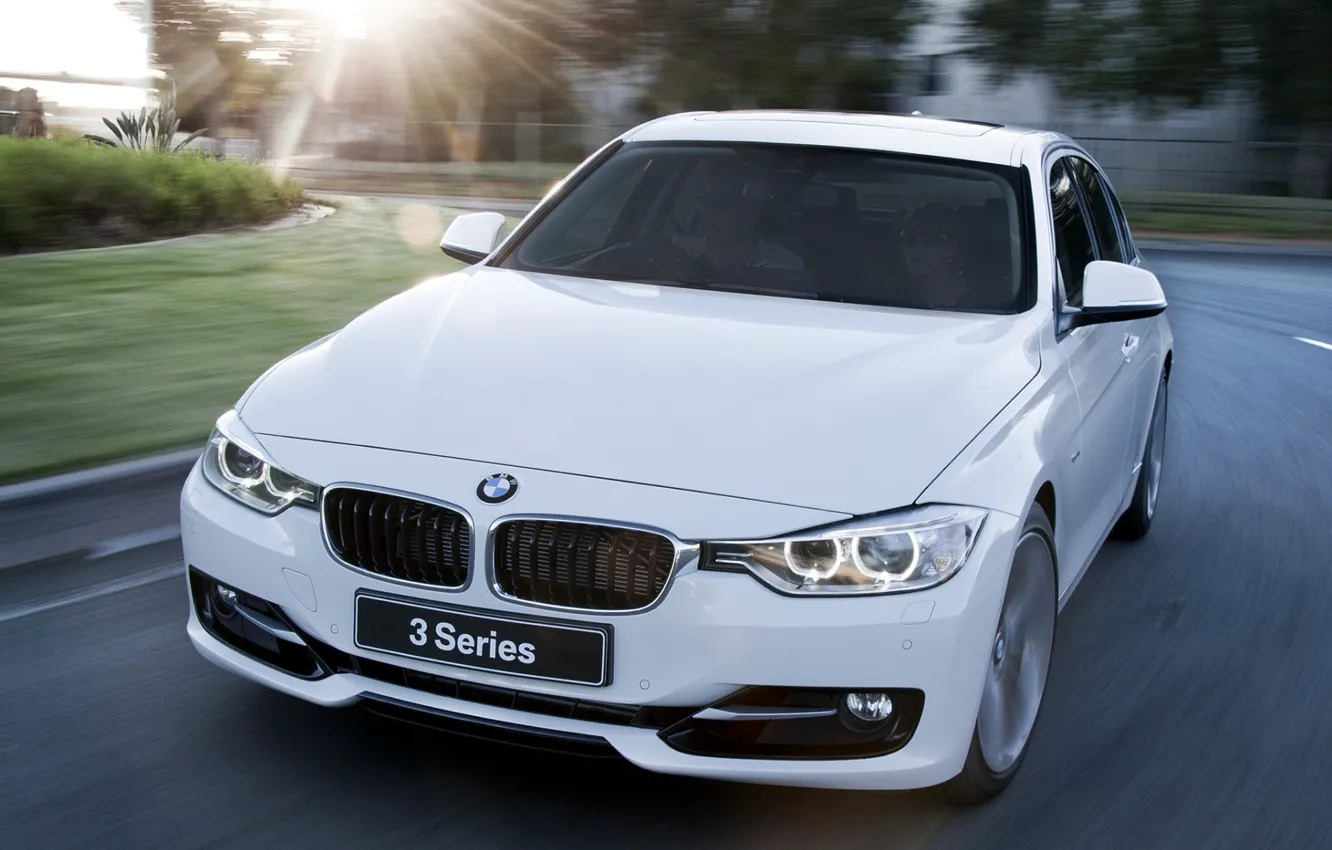 Photo wallpaper road, white, the sun, bmw, BMW, sedan, the front, sedan