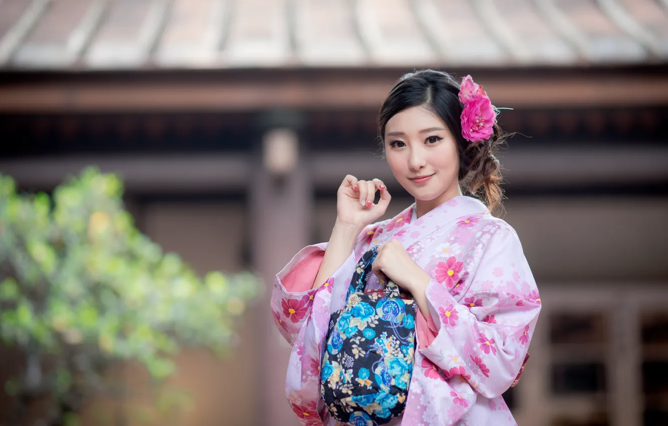 Photo wallpaper girl, smile, kimono, Asian, cutie