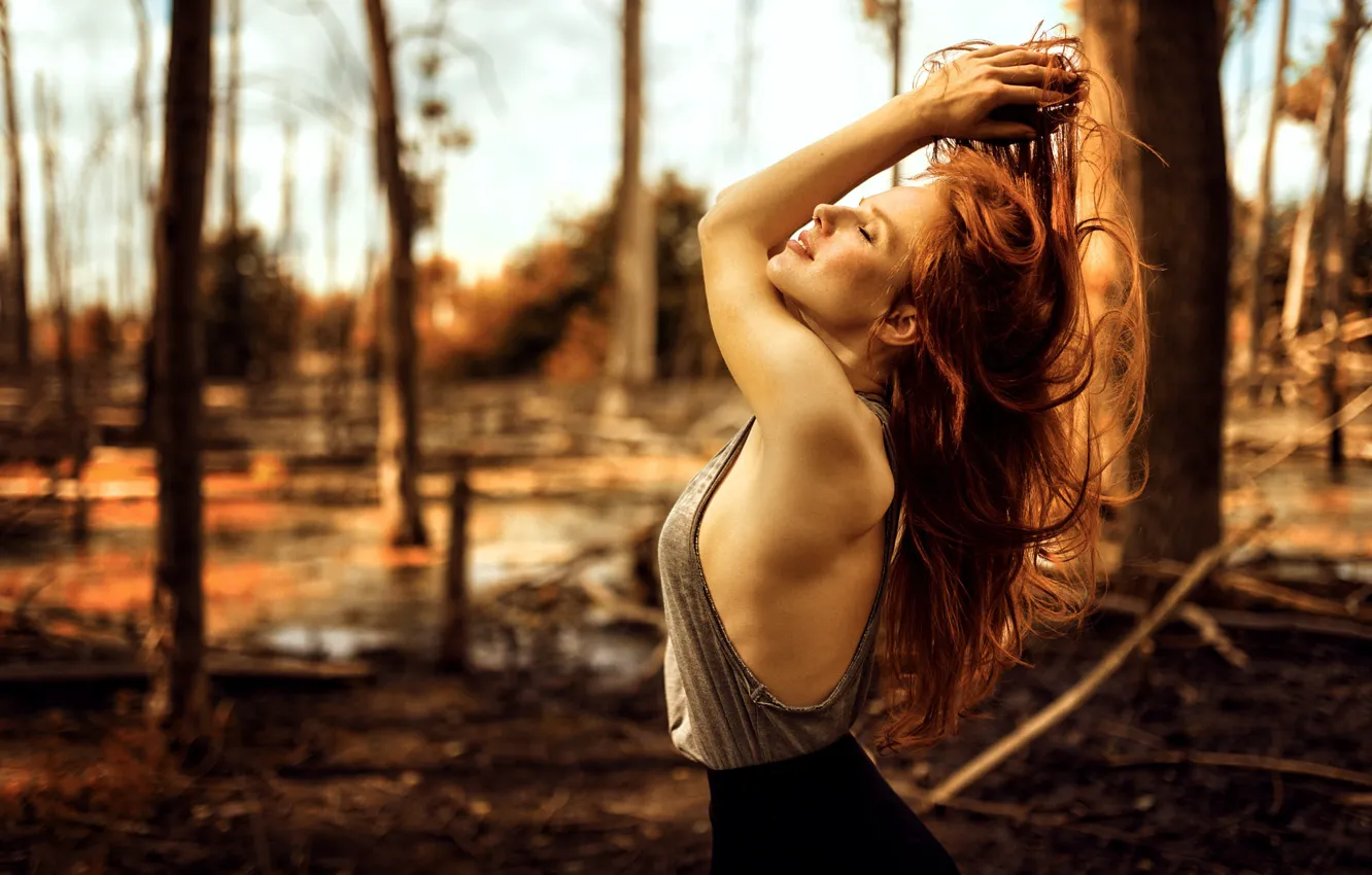 Photo wallpaper forest, girl, model, feelings, swamp, skirt, Mike, red