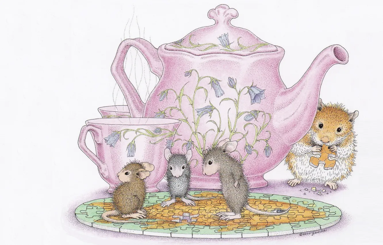 Photo wallpaper mouse, kettle, the tea party, mug, Cup, friends, children's, hamster