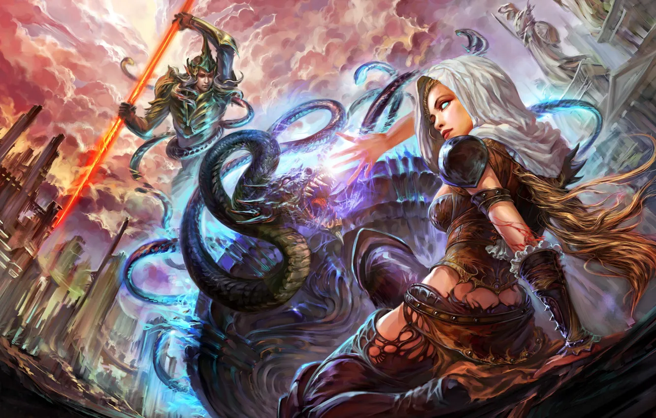 Photo wallpaper girl, dragon, art, spear, battle, guy, forsaken world