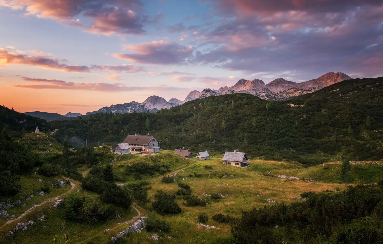 Photo wallpaper mountains, tops, height, Alps, house