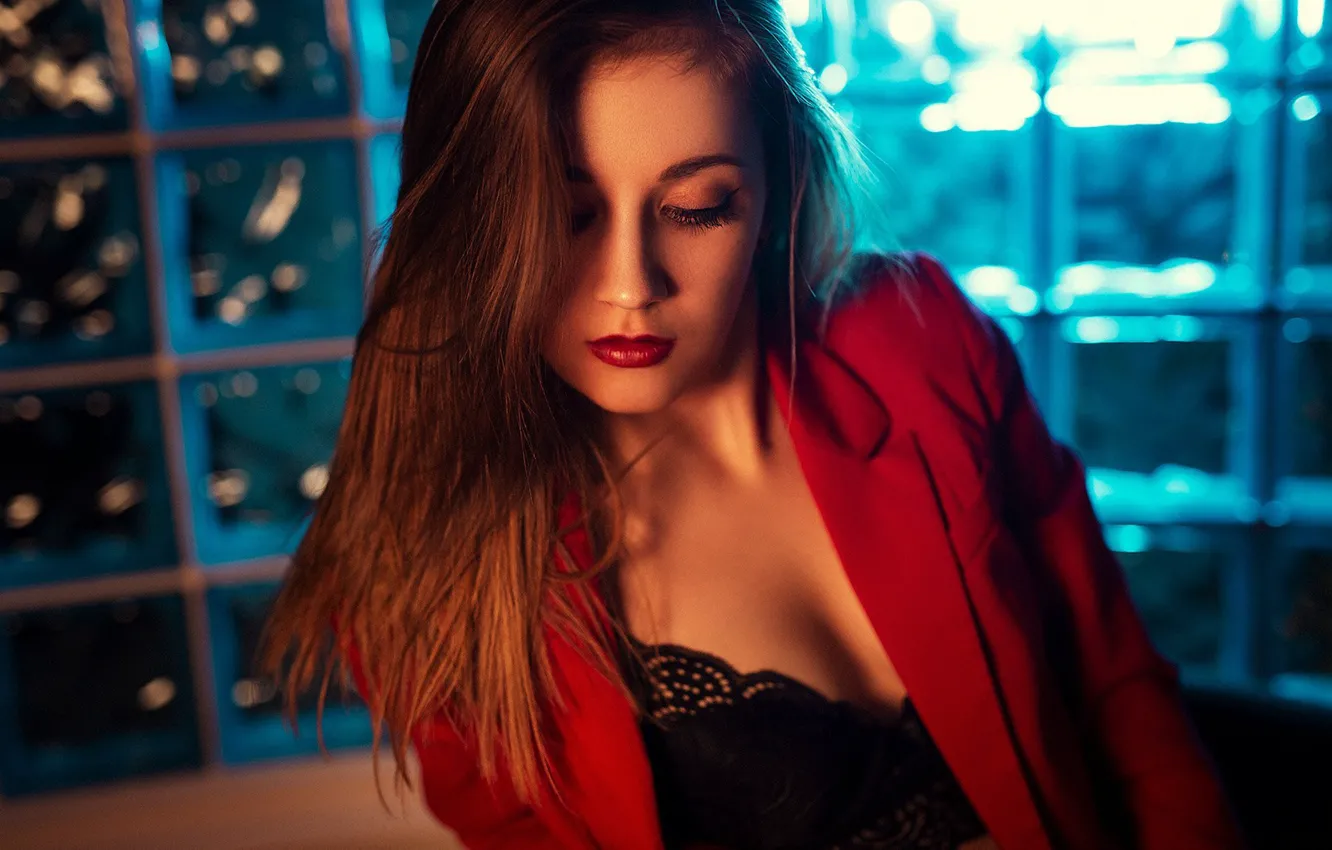 Photo wallpaper girl, face, hair, portrait, jacket, bra, Ivan Vedernikov