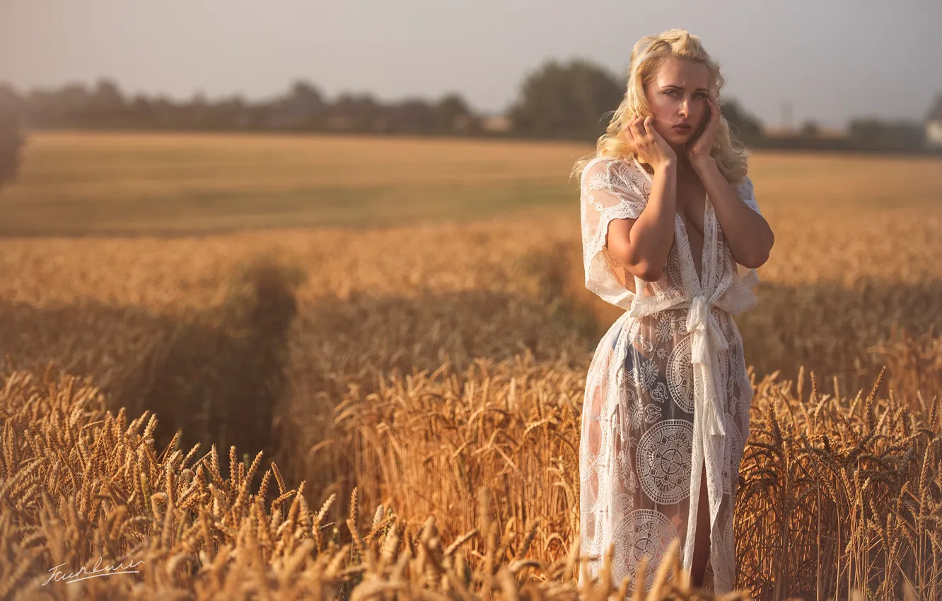 Photo wallpaper field, look, girl, pose, negligee, ears, Jack Russell, Aurora District