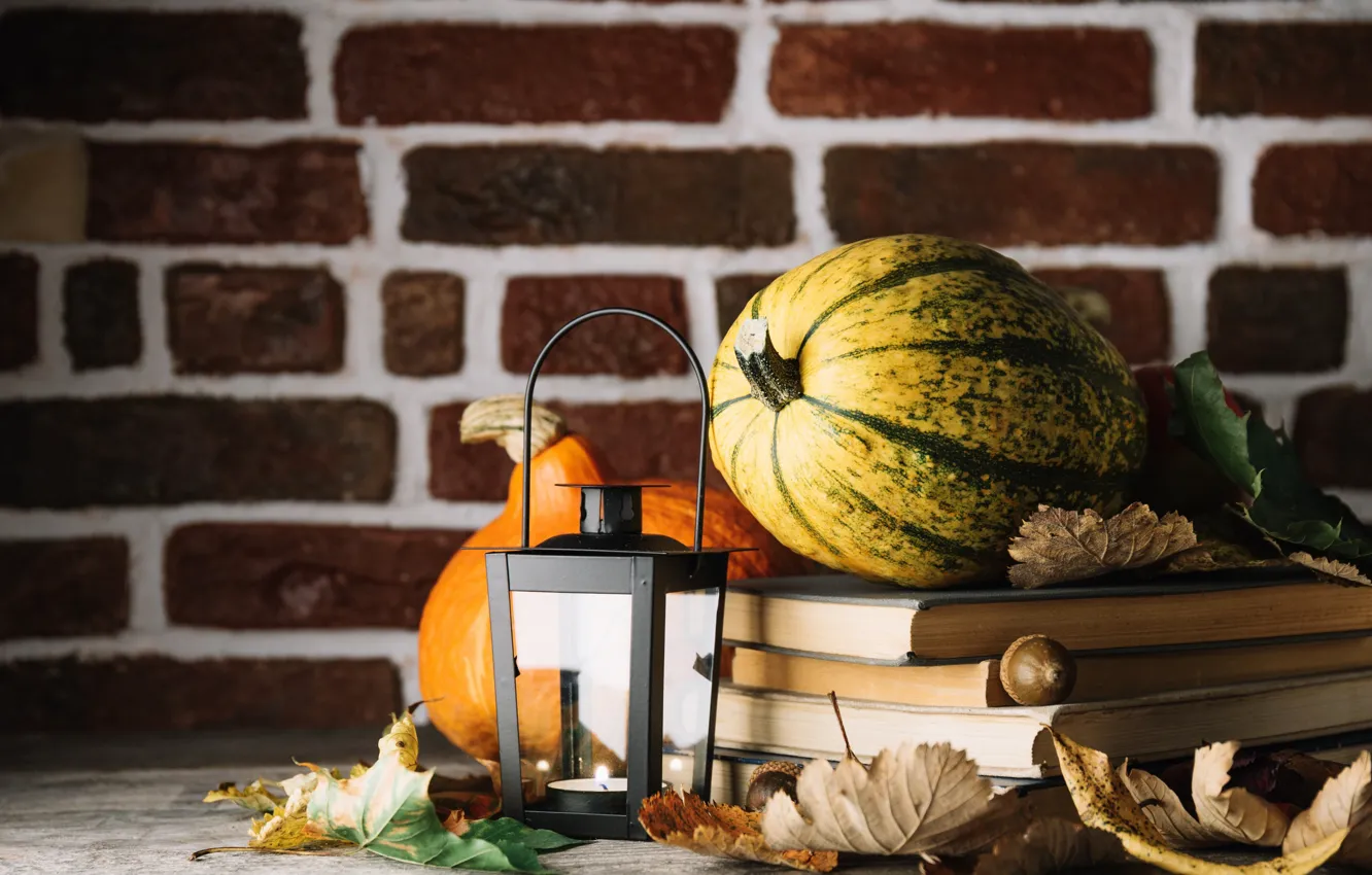 Photo wallpaper autumn, leaves, tea, books, pumpkin, drink
